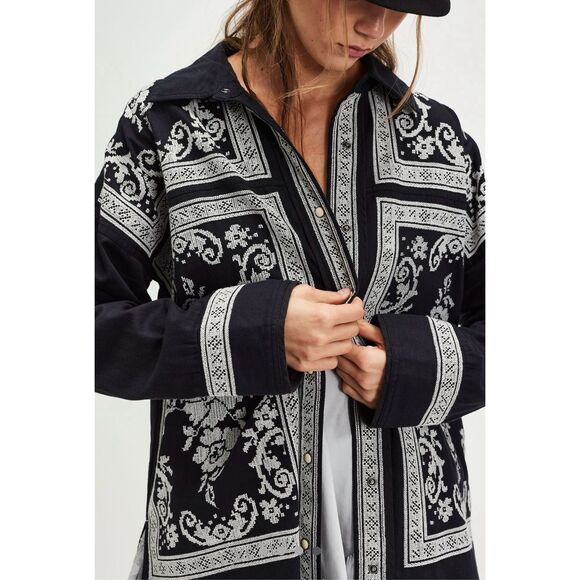 Free People Lace Embroidered Denim Buttondown Shirt
